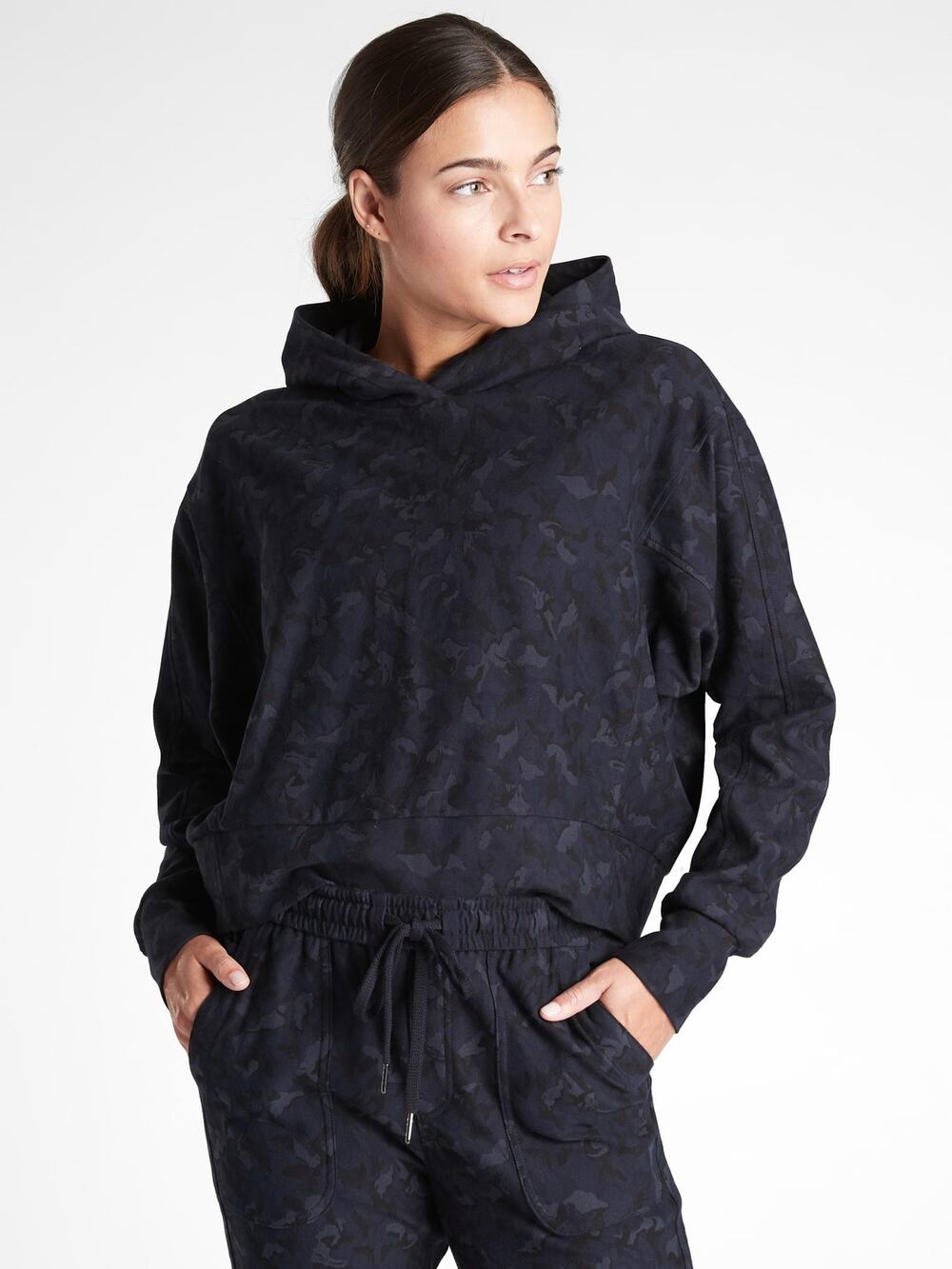 Athleta Printed Farallon Sweatshirt Hoodie Navy Blue Camouflage Camo Womens XS